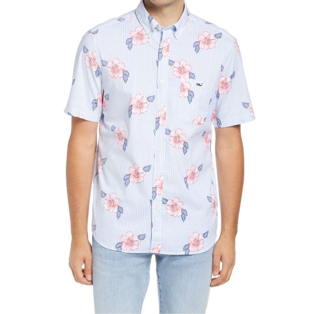 Vinyard Vines Classic Fit Hibiscus Stripe Stretch Hawaiian Shirt Size XS